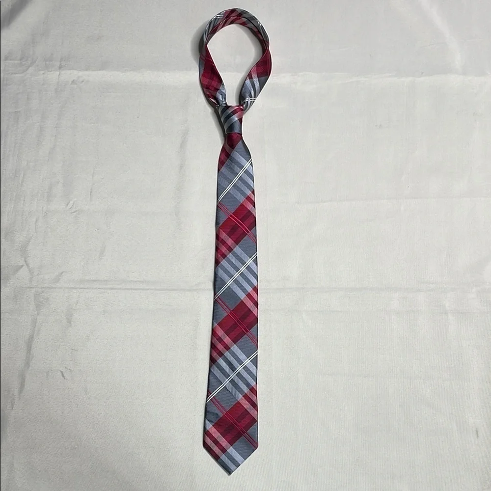 GEOFFREY BEENE Red and Gray Plaid Tie